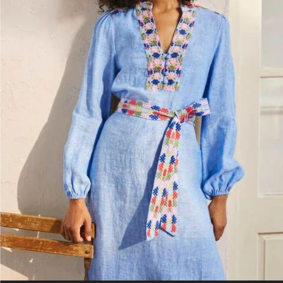 Boden Leonie Embroidered Long Sleeve Linen caftan in blue - Picture 3 of 15